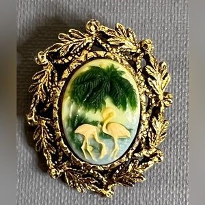 Vintage Cameo Brooch With 2 Flamingos and Palms Surrounded by Gold Leaf Wreath